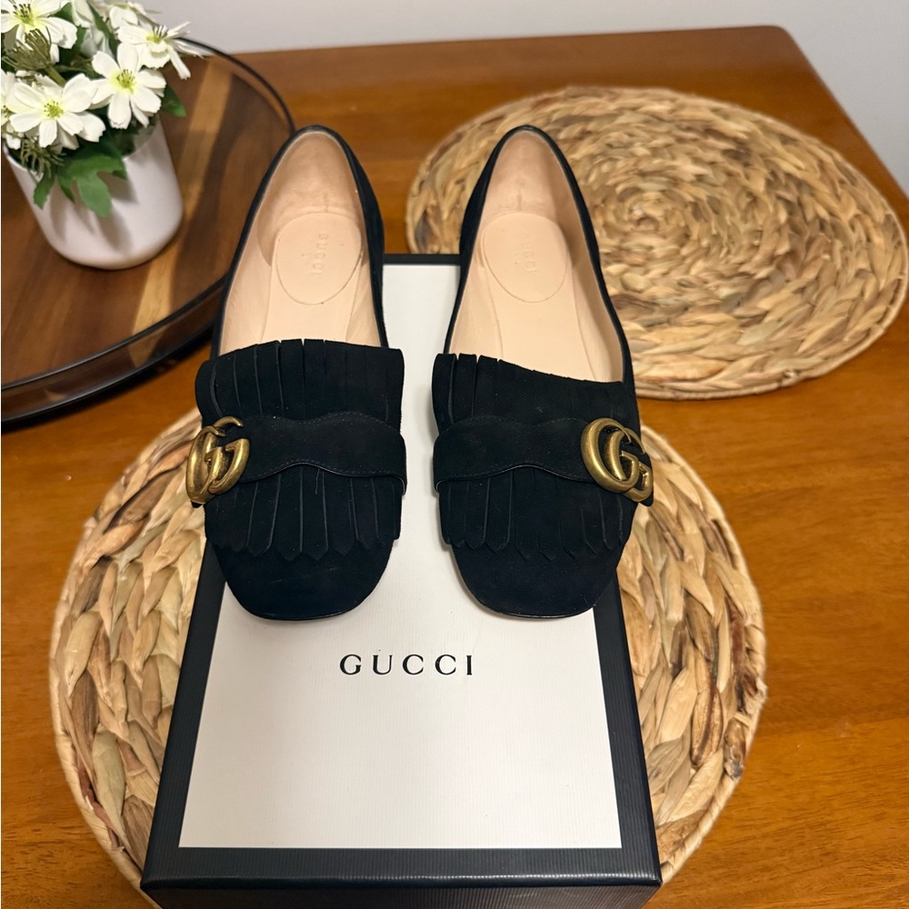 Gucci Black Suede Loafers with Gold Hardware